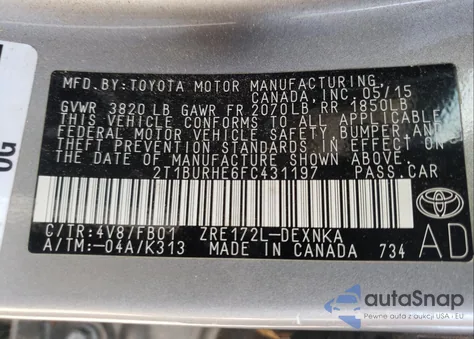 2015 Toyota Corolla L from USA, damaged, VIN 2T1BURHE6FC431197
